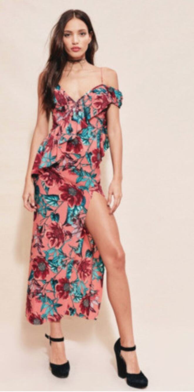 For Love & Lemons Pink Floral Silk Flamenco Maxi Dress